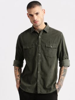 SHOWOFFFF - Mens Long Sleeves Spread Collar Corduroy Solid Olive Casual Shirt