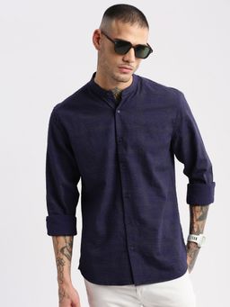 SHOWOFF - Mens Long Sleeves Mandarin Collar Cotton Geometric Navy Blue Casual Shirt