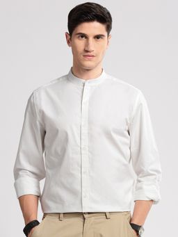 SHOWOFFFF - Mens Long Sleeves Mandarin Collar Cotton Solid White Casual Shirt