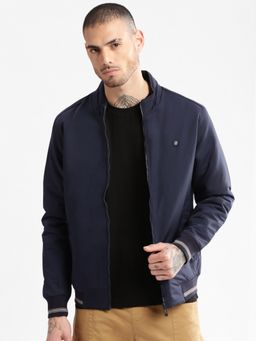 SHOWOFFFF - Mens Navy Blue Solid Bomber Jacket
