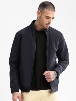 SHOWOFFFF - Mens Navy Blue Solid Bomber Jacket
