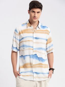 SHOWOFF - Mens Short Sleeves Spread Collar Cotton Abstract Off White Casual Shirt