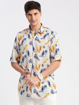 SHOWOFFFF - Mens Short Sleeves Spread Collar Cotton Printed Off White Casual Shirt