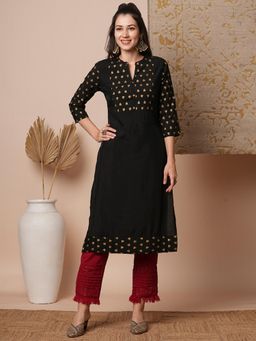 FASHOR - Black Ethnic Foil Printed Straight Fit Kurta