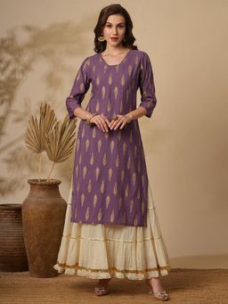 FASHOR - Lavender Ethnic Foil Floral Printed Straight Fit Kurta