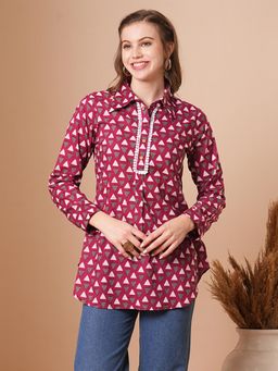 FASHOR - Burgundy Geometric Printed A-Line Short Kurti