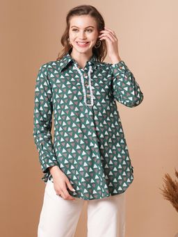 FASHOR - Green Geometric Printed A-Line Short Kurti