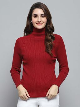 Monte Carlo - Womens Solid Maroon High Neck Full Sleeve Sweater