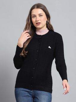 Monte Carlo - Womens Self Design Black Round Neck Full Sleeve Cardigan