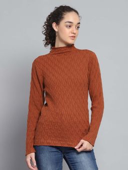 Monte Carlo - Womens Self Design Rust High Neck Full Sleeve Sweater