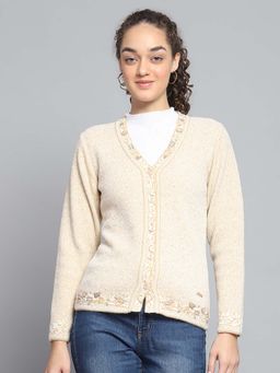 Monte Carlo - Womens Self Design Cream V Neck Full Sleeve Cardigan