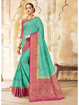 Sangam Prints - Rama Green Nylon Silk Woven Work Traditional Saree with Unstitched Blouse