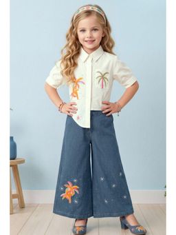 Lagorii - White Printed Shirt with Denim Wide-Leg Pant