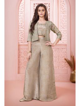 Lagorii - Beige Embroidered Crop Top Palazzo Set with Jacket