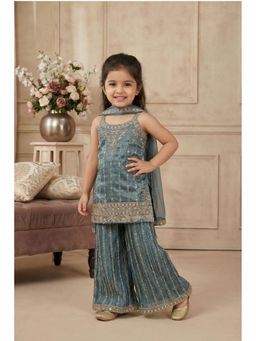 Lagorii - Blue Embroidered Palazzo With Kurti & Dupatta