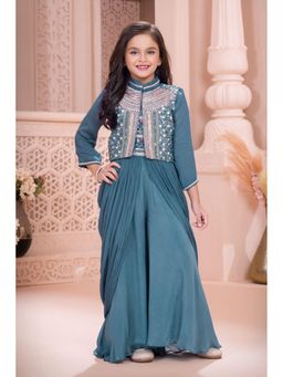 Lagorii - Blue Embroidered Draped Style Palazzo with Top & Jacket