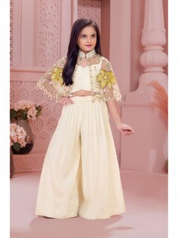 Lagorii - Cream Embroidered Cape Style Palazzo With Jacket & Top