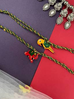 Digital Dress Room - Wooden Parrot and Elephant Rakhis (Pack of 2)
