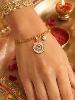Digital Dress Room - Q Alphabet Crystal Charm Gold Plated Bracelet Rakhi