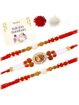 Peora - Multi-Color Stone Rudraksha Thread Rakhis with Greeting Card (Pack of 3)