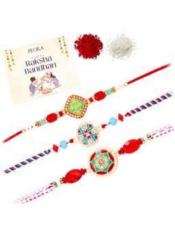 Peora - Multi-Color Rudraksha Stone Thread Rakhis with Greeting Card (Pack of 3)
