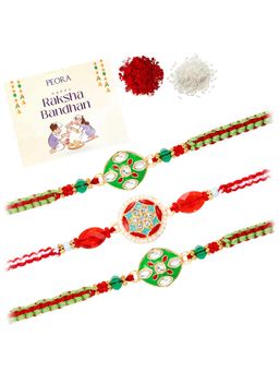 Peora - Multi-Color Stone Thread Rakhis with Greeting Card (Pack of 3)