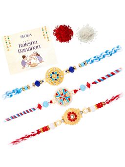 Peora - Multi-Color Stone Thread Rakhis with Greeting Card (Pack of 3)
