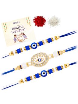Peora - Blue-White Evil Eye Stone Thread Rakhis with Greeting Card (Pack of 3)