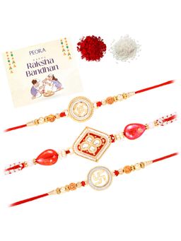 Peora - Red-White Beads Stone Thread Rakhis with Greeting Card (Pack of 3)