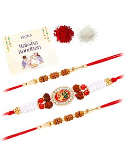 Peora - Multi-Color Stone Rudraksha Thread Rakhis with Greeting Card (Pack of 3)