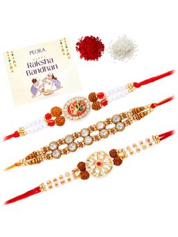 Peora - Multi-Color Stone Rudraksha Thread Rakhis with Greeting Card (Pack of 3)