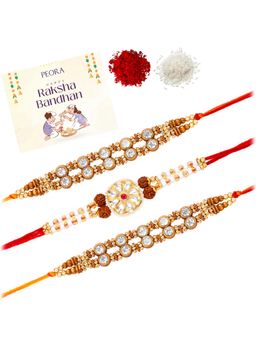 Peora - Multi-Color Stone Rudraksha Thread Rakhis with Greeting Card (Pack of 3)