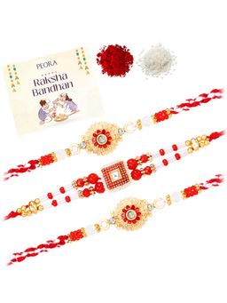 Peora - Red-White Beads Stone Thread Rakhis with Greeting Card (Pack of 3)