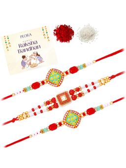 Peora - Multi-Color Beads Stone Thread Rakhis with Greeting Card (Pack of 3)