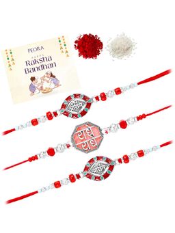 Peora - Shree Ram- Radhe-Radhe Thread Rakhis with Greeting Card (Pack of 3)