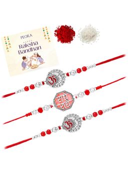Peora - Red-Silver Om Radhe-Radhe Thread Rakhis with Greeting Card (Pack of 3)