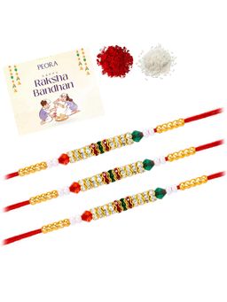 Peora - Multi-Color Beads Stone Thread Rakhis with Greeting Card (Pack of 3)