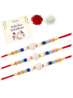 Peora - Multi-Color Beads Pearl Thread Rakhis with Greeting Card (Pack of 3)