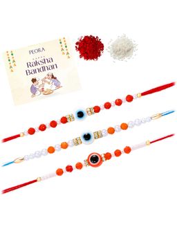 Peora - Multi-Color Evil Eye Stone Thread Rakhis with Greeting Card (Pack of 3)