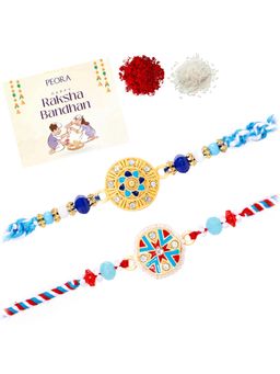 Peora - Multi-Color Floral Stone Thread Rakhis with Greeting Card (Pack of 2)