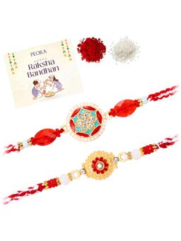 Peora - Multi-Color Bead and Floral Stone Thread Rakhis with Greeting Card (Pack of 2)