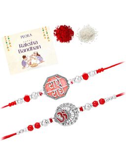 Peora - Multi-Color Om Radhe-Radhe Radhe-Radhe Stone Rakhis with Greeting Card (Pack of 2)