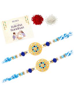 Peora - Blue Stone Beads Thread Rakhis with Greeting Card (Pack of 2)