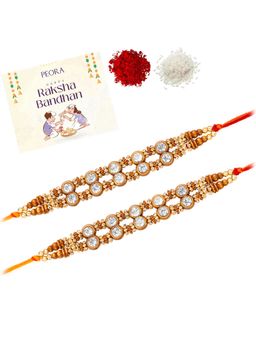 Peora - White Stone Thread Rakhis with Greeting Card (Pack of 2)