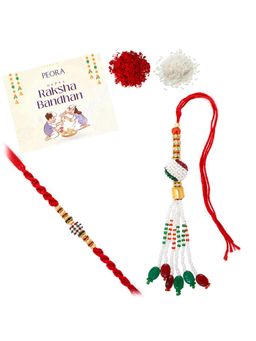 Peora - Multi-Color Thread Bhaiya Bhabhi Rakhi with Lumba and Greeting Card