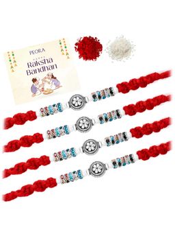 Peora - Multi-Color Stone Thread Rakhis with Greeting Card (Pack of 4)