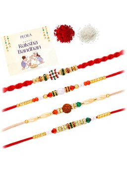Peora - Multi-Color Stone Rudraksha Thread Rakhis with Greeting Card (Pack of 4)