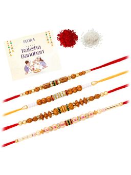 Peora - Multi-Color Beads Stone Thread Rakhis with Greeting Card (Pack of 4)