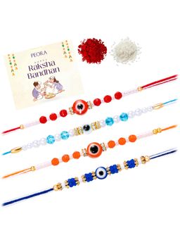 Peora - Evil Eye Stone Thread Rakhis with Greeting Card (Pack of 4)
