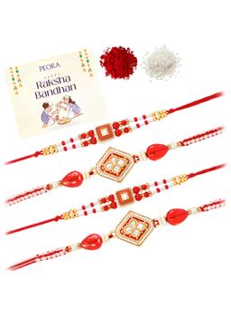 Peora - Red-White Beads Stone Thread Rakhis with Greeting Card (Pack of 4)